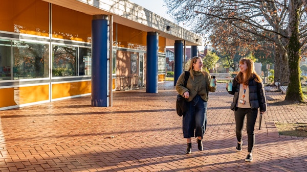 Two students walking together and chatting